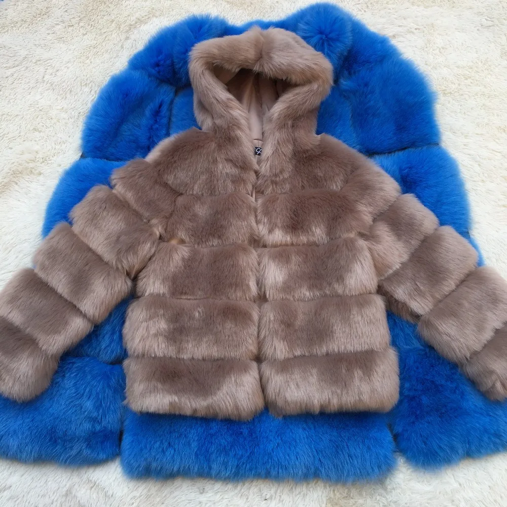 Шуба из искусственного лисьего меха, женская зимняя мода, длинный рукав, искусственный мех, пальто для женщин, теплое пальто с капюшоном, Женская куртка из искусственного меха