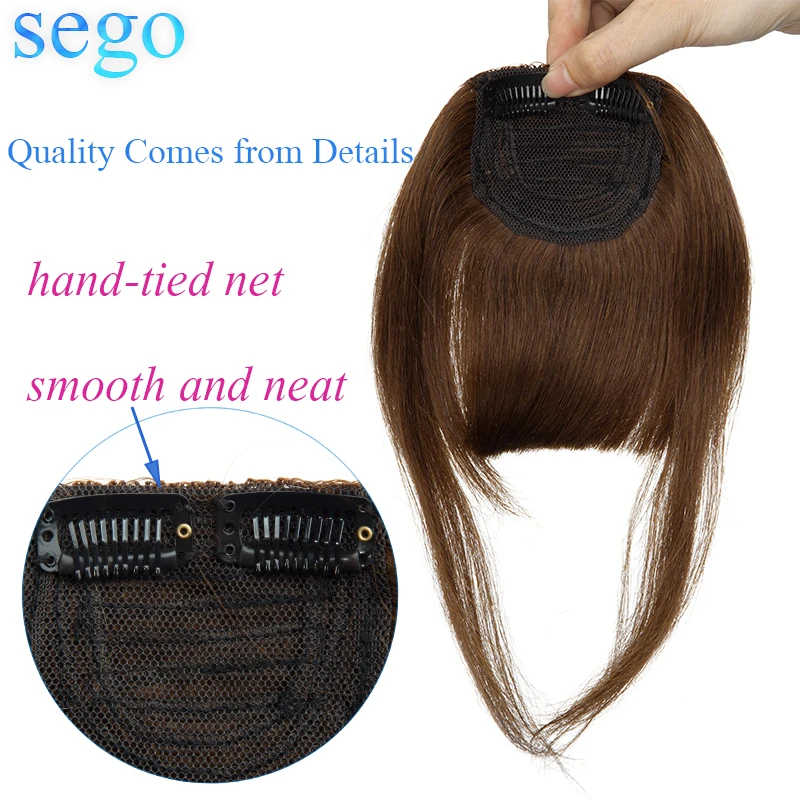 SEGO 23G 2 Clips in Straight Human Hair Bangs Non-remy Blunt Sweeping Side Bangs 100% Human Fringe Hair Pure Color 1Piece