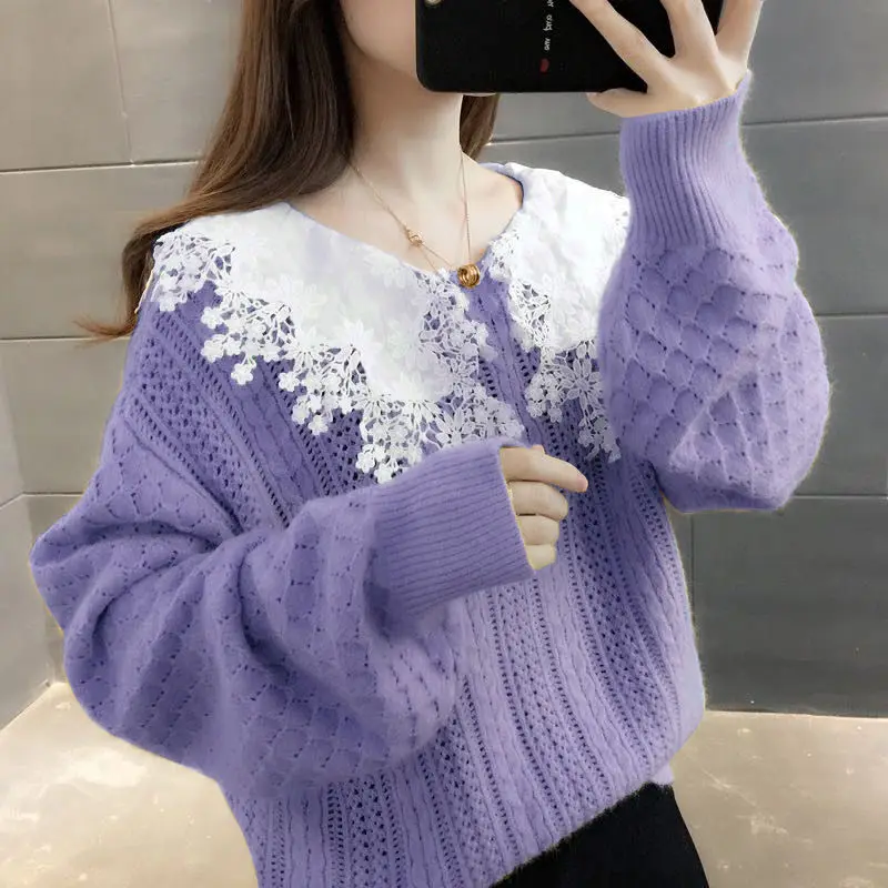 pullover sweater 2022 Spring Autumn Sweater Female Korean Version Loose Autumn Winter Outer Wear Lace Doll Collar Knit Pullover Top christmas sweatshirt