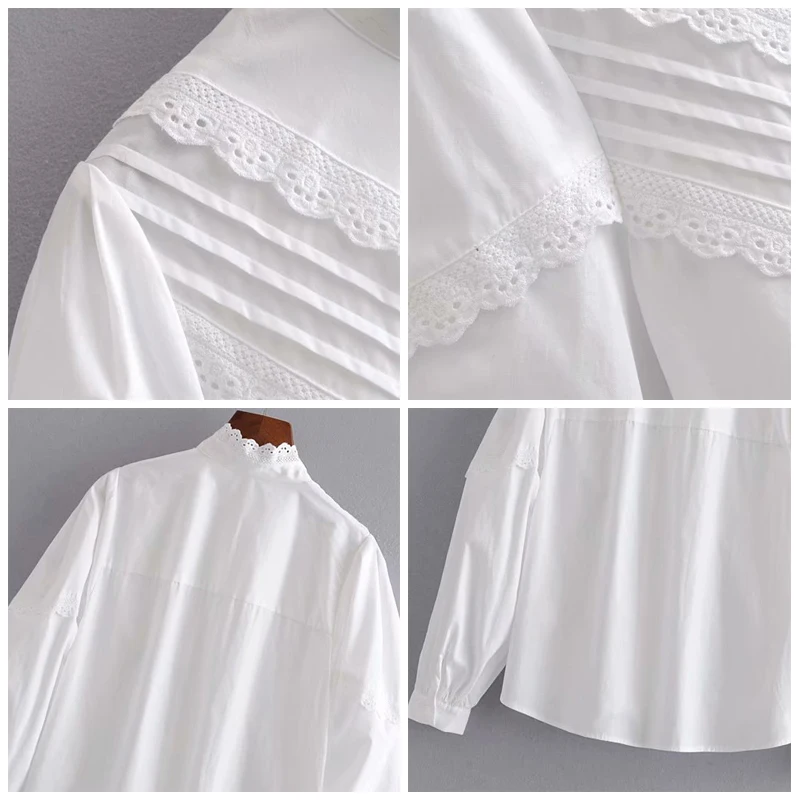 ROHOPO белый хлопок поплин блузка баллон с длинным рукавом полу водолазка кружева декольте Топы Blusa сплошной спереди кружевная рубашка#2435