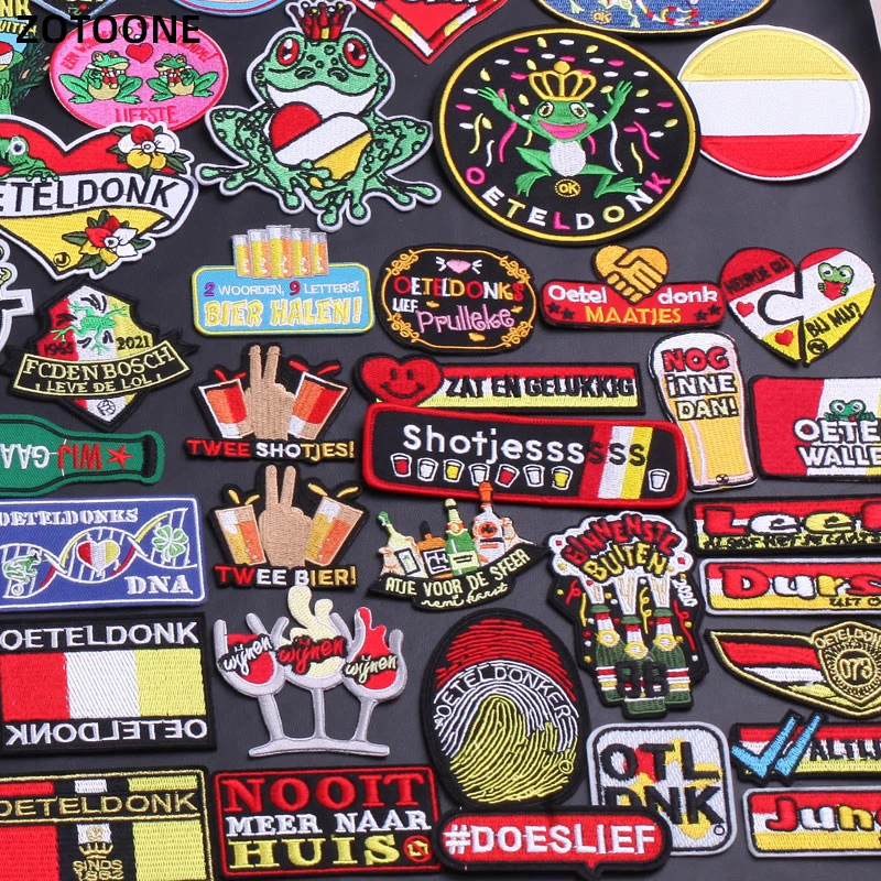 2021 High Quality Oeteldonk Frog Iron on Embroidery letters Patches for Clothing Applique Emblem Carnival for Netherland Emblems