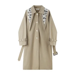 Apricot Mid-length Windbreaker Jacket Women's Autumn And Winter New Scarf Detachable Shawl Versatile Design Over The Knee Coat