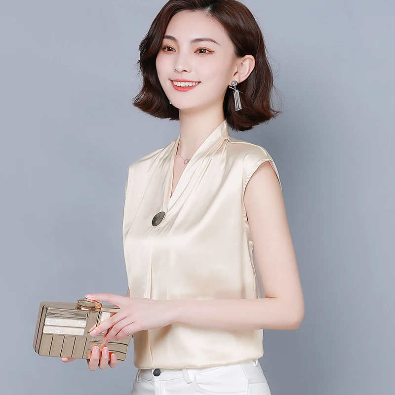Корейские шелковые женские блузки Женская атласная блузка с V образным вырезом