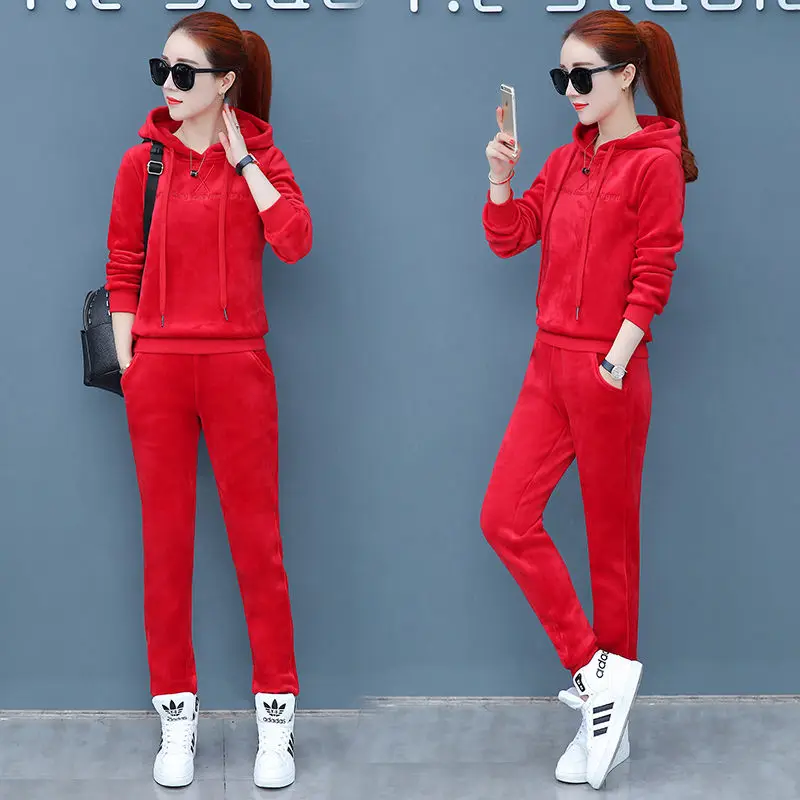 Matching Sets Autumn Plus Size Casual Loose Velvet Tracksuits 2 Pieces Set Women High Elastic Hooded Sweatshirts And Harem Pants - Цвет: red