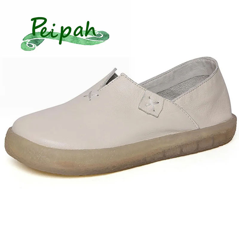 

PEIPAH Casual Ladies Loafers Handmade Genuine Leather Women Flats Shoes Spring Shallow Slip On Round Toe Flat Shoes Woman