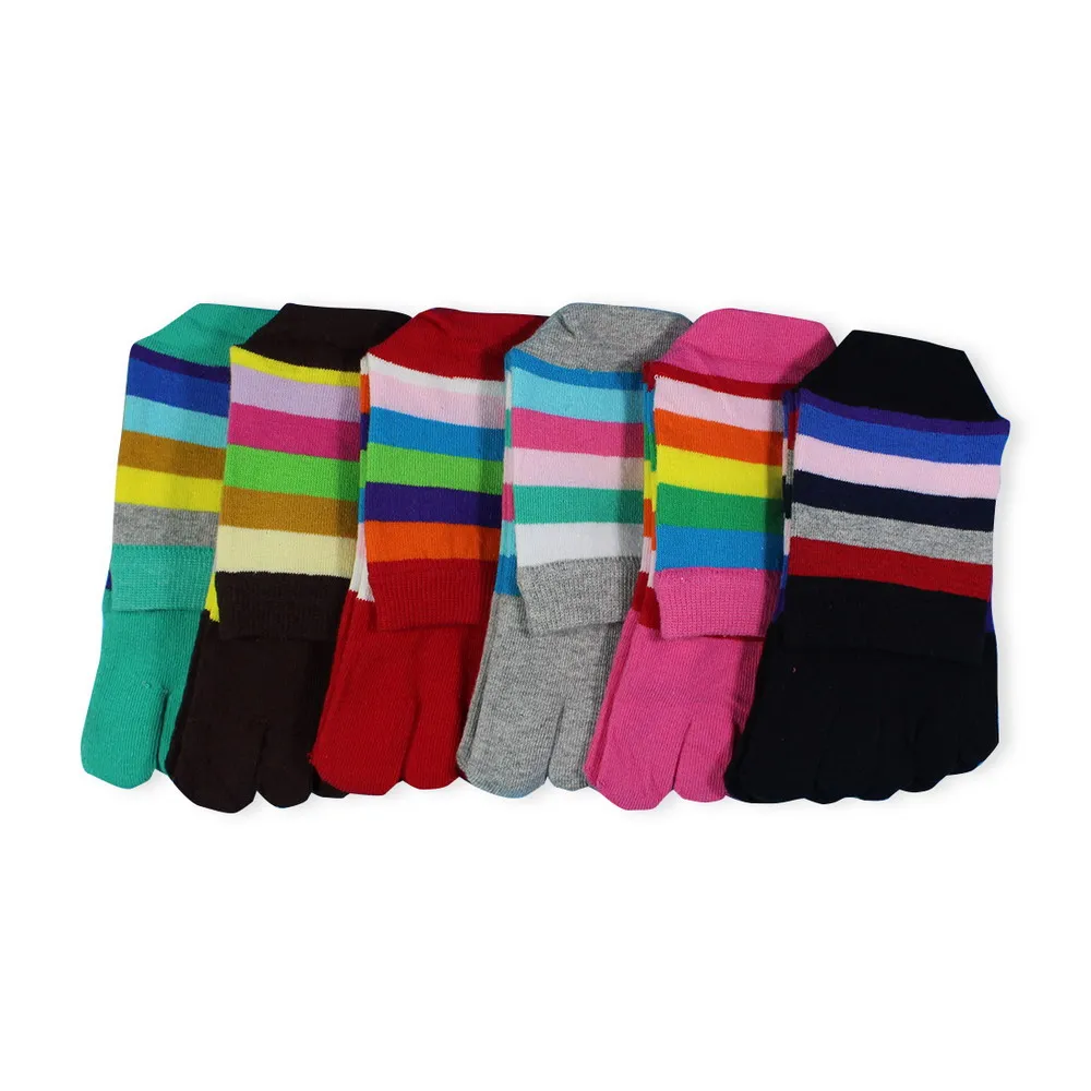 6 Pairs / Lot Autumn Winter Women Socks Cotton Fashion Five Fingers Toe Socks Rainbow Stripe Breathable Long Sock