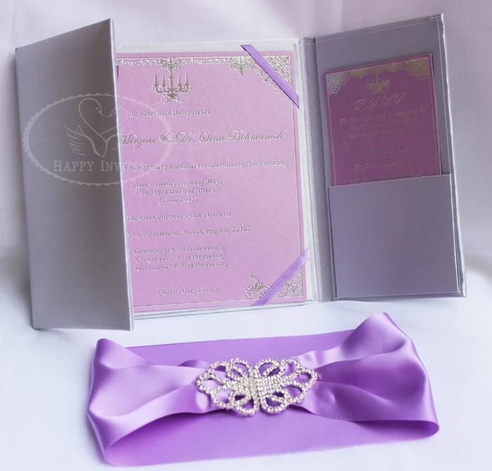 HI2003-90 Custom Silk Folder Invitation with Silver Foiling for Silver&Lilac Wedding More Colors Available Made in China