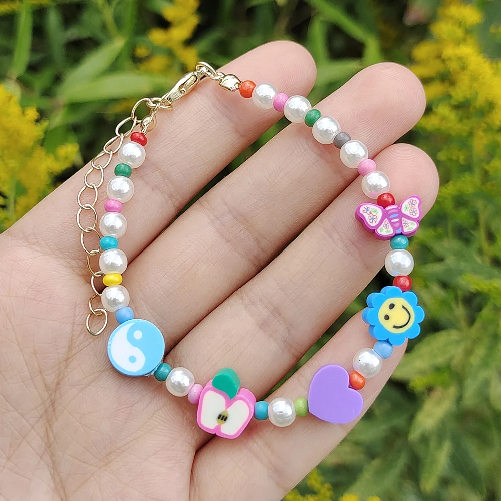 ZX New INS Handmade Colorful Soft Pottery Heart Smiley Face Flower  Butterfly Beaded Chain Bracelet for Women Girl Christmas Gift