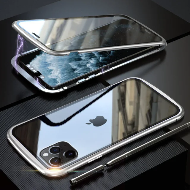 Бронированный Магнитный чехол с металлической рамкой для iPhone 11 Pro Max, двойное закаленное стекло 360, чехол на весь корпус для iPhone 11 Pro Max 11pro Funda - Цвет: Sliver