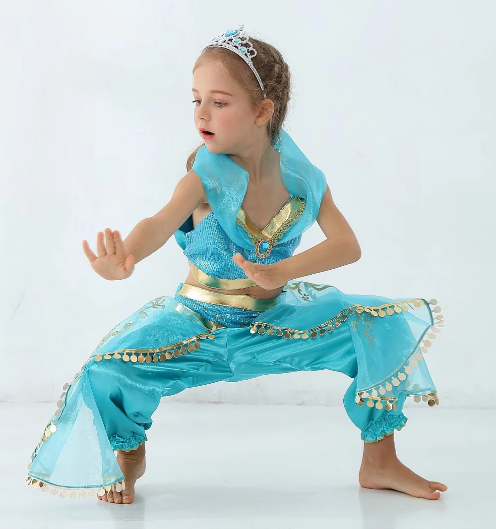 Aladdin Lamp Princess Jasmine Cosplay Costume Girls Halloween Fantasia Arab Princess Fancy Dress Up Outfit Girls Jasmine Costume