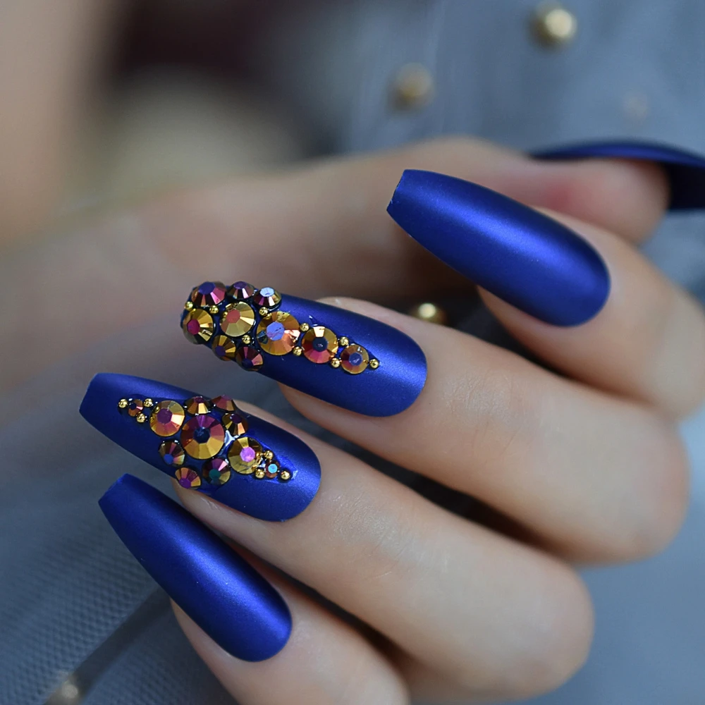 Long Matte Royalblue Attractive Nail Art Tips 3d Diamond Unique Full  Fingernails Customize Luxury Press On Nails 24pcs - False Nails - AliExpress