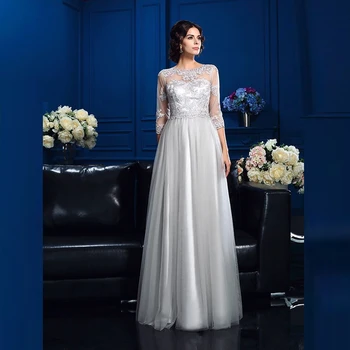 

Latest Charming Silver Tulle Lace Jewel Neck Mother of the Bride Dresses With Three Quarter Sleeves Pleated Wedding Party Gowns