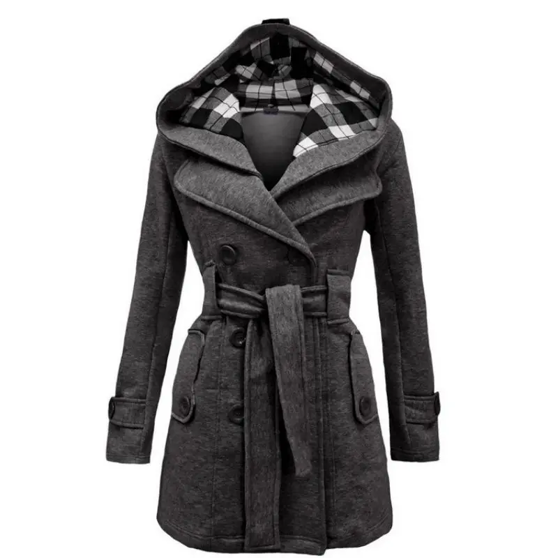 

Woolen winter women's long coat new casual solid color hooded jacket belt double-breasted intensive long thick coat S-3XL 19