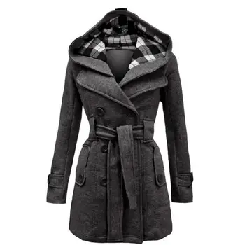 

Woolen winter women's long coat new casual solid color hooded jacket belt double-breasted intensive long thick coat S-3XL 19