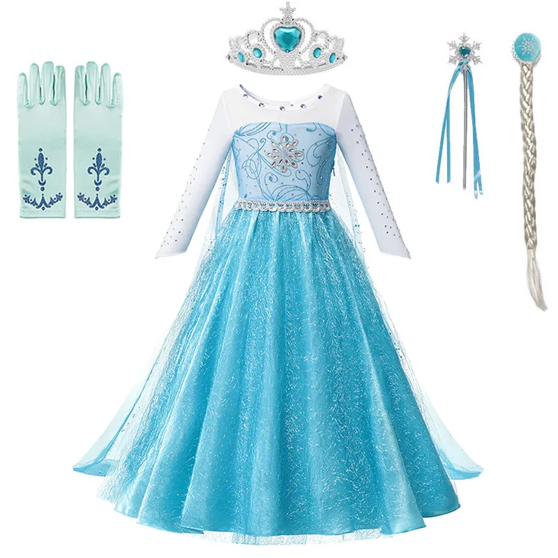 Elsa Dress Sets B Детское платье принцессы Эльзы для девочек; Длина до пола; элегантные платья с блестками; Детский Рождественский подарок; блестящие вечерние костюмы синего цвета для костюмированной вечеринки - Цвет: Elsa Dress Sets B