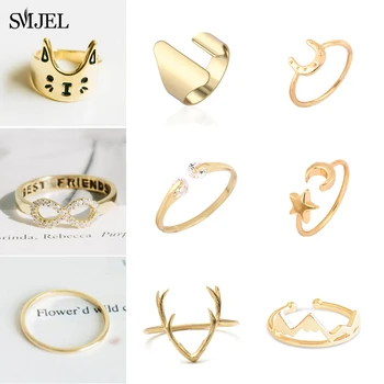 

SMJEL Bijoux Cute Cat Rings for Women Crystal Infinite Wedding Rings Adjustable Brushed Mountain Fox Knuckle Ring Christams Anel