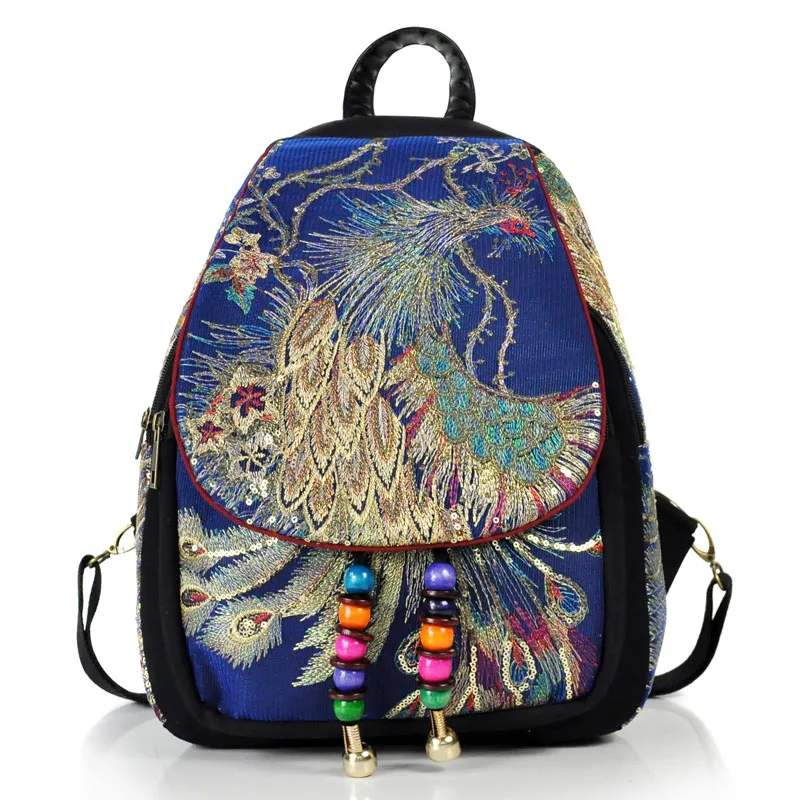 Ретро женские рюкзаки, этнический стиль, вышивка, Женский Павлин, школьная сумка, характеристики, бисерный брезентовый Рюкзак Сумки, новинка - Цвет: Blue