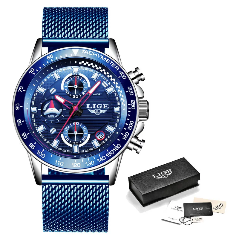 All blue M lige Top Элитный бренд Для мужчин наручные часы, кварцевые наручные мужские часы модные спортивные часы Водонепроницаемый Нержавеющая сталь наручные часы Reloj Hombre - Цвет: All blue M