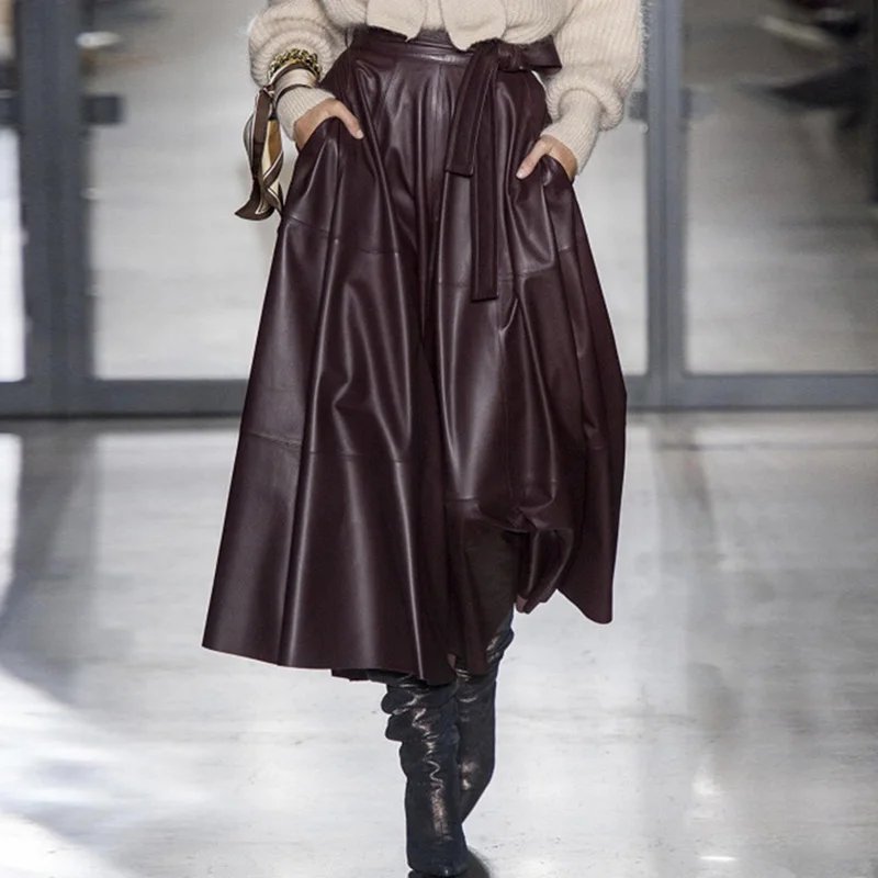 Женская кожаная юбка с высокой талией осенне-зимняя Тяжелая Высококачественная