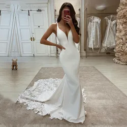 Simple Mermaid Wedding Dresses Boho V-Neck Appliques Lace Elegant Bridal Gown Custom Made Vestido De Noiva Robe Mariage
