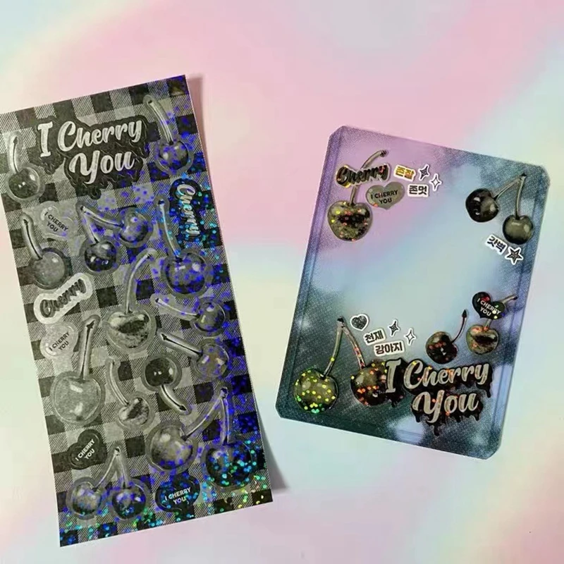 

Korea ins Black Cherry Sticker Hot Silver Glitter Waterproof Stickers Hand Account DIY Idol Small Card Decoration Stationery