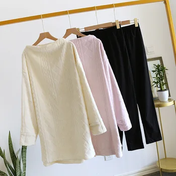 

Pijamas Women Fall/winter Flannel Pullover Suit Sweet and Cute Twisted Flower Two-piece Pink Flannel Home Clothes Black Trousers