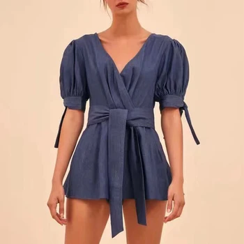 

Women Denim Playsuit Lace Up High Waist Sashes Jeans Jumpsuits Rompers