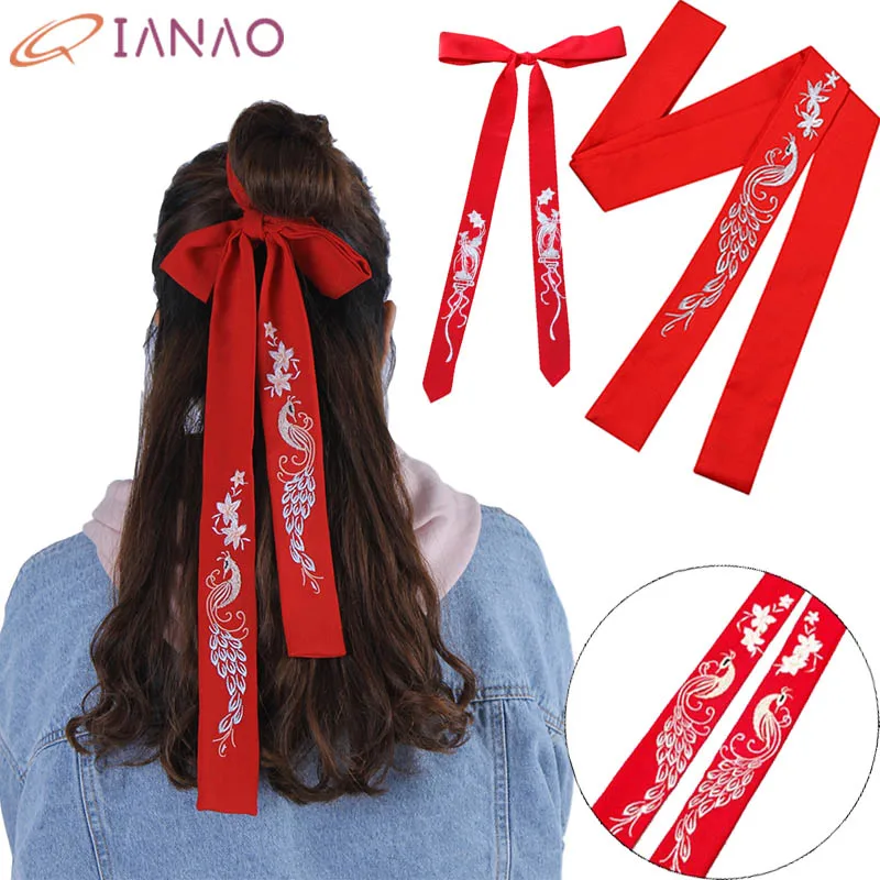 QIANAO Chinese Traditional Hair accessories Hanfu head band Peacock Exquisite embroidery headband Ancient Headwear Rope |