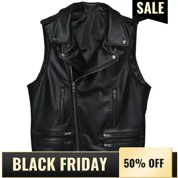

2020 Black Slim Fit Biker's Style Leather Vest Men Large Size XXXL Genuine Cowhide Spring Diagonal Zipper Motorcycle Vest