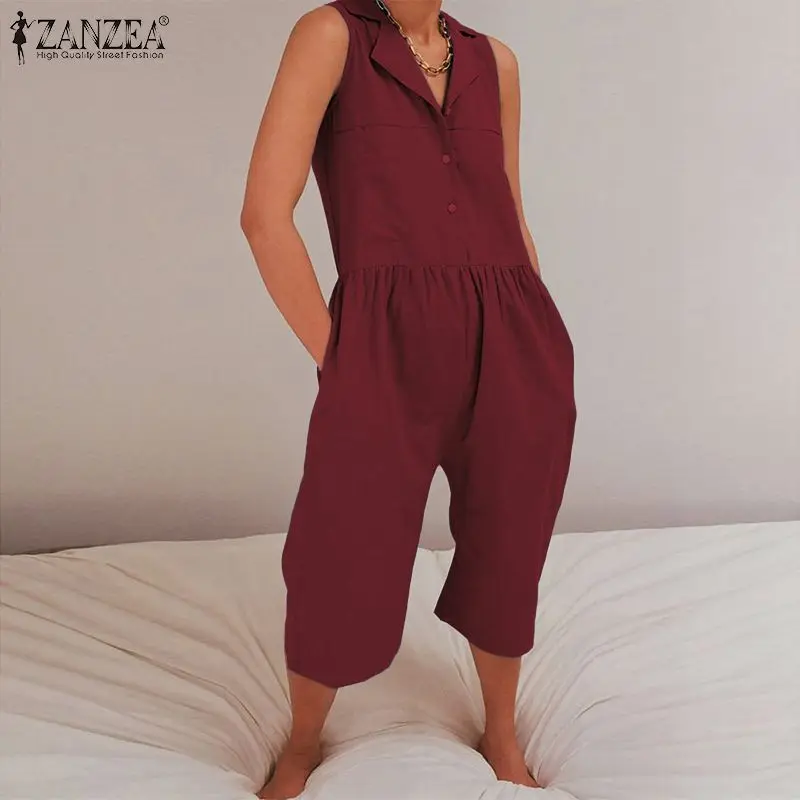 

ZANZEA Women Lapel Neck Sleeveless Rompers Summer Jumpsuits Femme Buttons Overalls Casual Cotton Linen Wide Leg Pants Playsuits