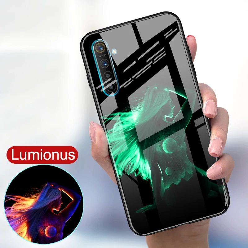 

Sexy Women Luminous Glass Case For OPPO Realme 1 X XT X2 Pro Luxury Glowing Back Cover For OPPO F7 Youth K3 K5