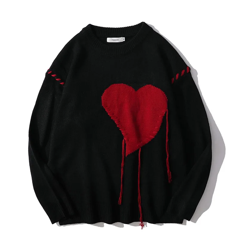 turtleneck sweater Harajuku Love Pattern Knitted Ugly Sweater Male Letter Punk Rock Black Red Gothic Retro Grandpa Sweater Female Cute Pullover y2k white sweater Sweaters