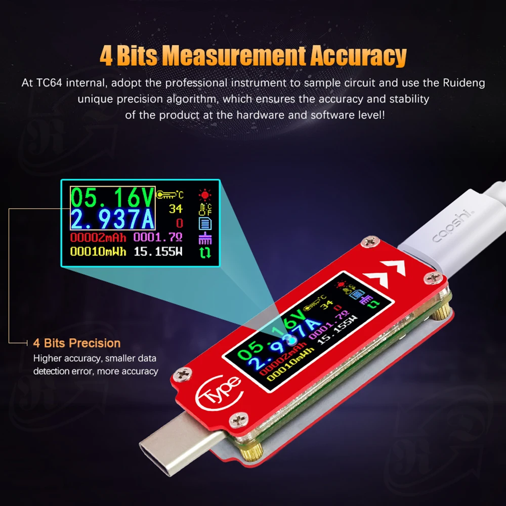Мультиметр TC64 Тип-C Цвет ЖК-дисплей USB Вольтметр Амперметр Напряжение измеритель тока, для батареи PD зарядки Мощность банк USB Тестер