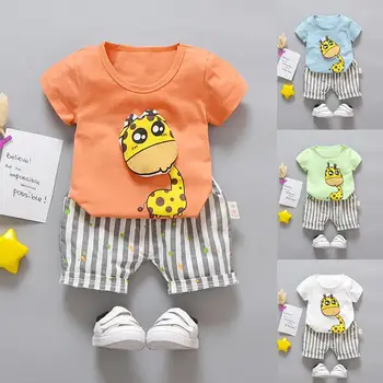 

2020 summer Toddler Kids Baby Boys Giraffe Print T-shirt Tops+Stripe Dot Shorts Clothes Set Cartoon Boys Outfits&Set