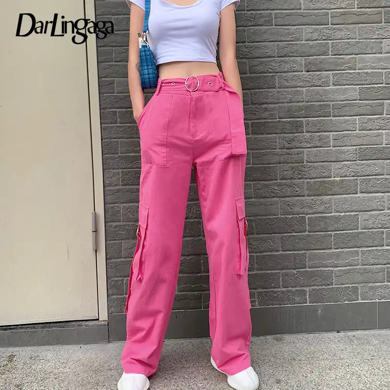 pink high waisted pants with belt