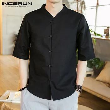 

INCERUN 2020 Chinese Style Casual Shirt Men Cotton Short Sleeve Solid V Neck Vintage Button Shirts Men High Quality Camisa S-3XL