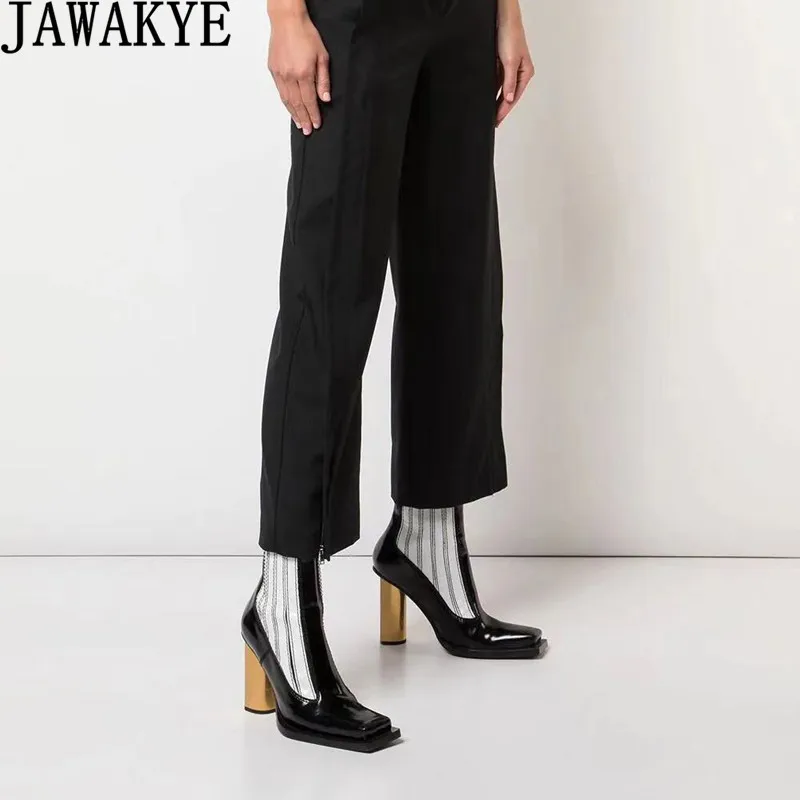 Женские полусапожки с квадратным носком; ботинки «Челси» на не сужающемся книзу высоком массивном каблуке; пикантная обувь для подиума; женские ботильоны для женщин; Цвет черный, белый