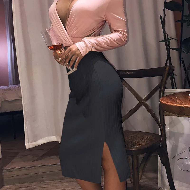 Осенняя трикотажная облегающая юбка с Боковым Разрезом для женщин, облегающая юбка средней длины с высокой талией, элегантная офисная повседневная юбка