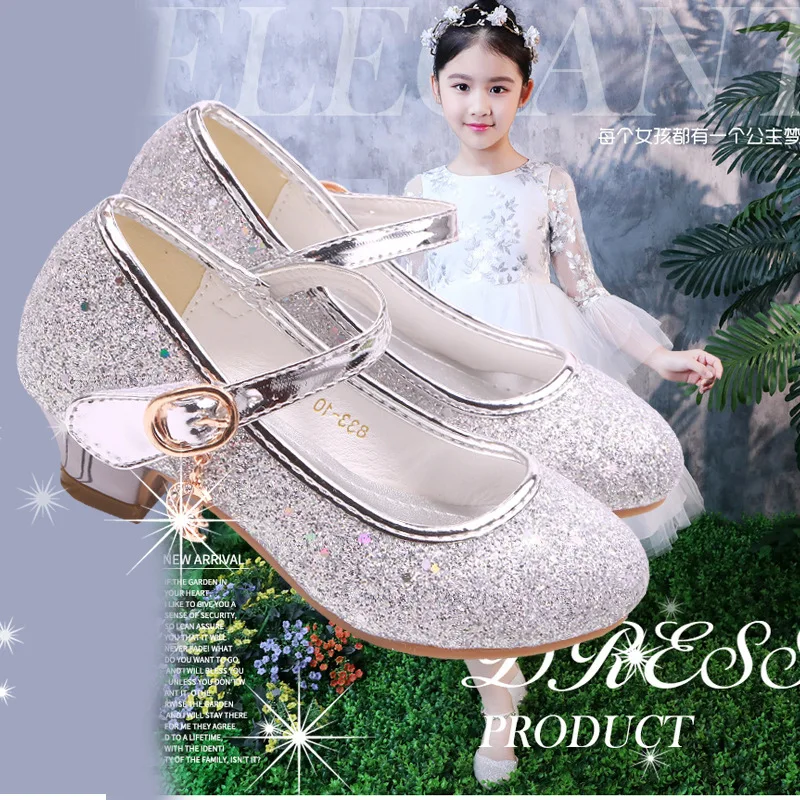 Children Princess Shoes student dance shoes for Girls High Heel Sandals Dress Purple Kids Leather Glitter Crystal Shoes Banquet