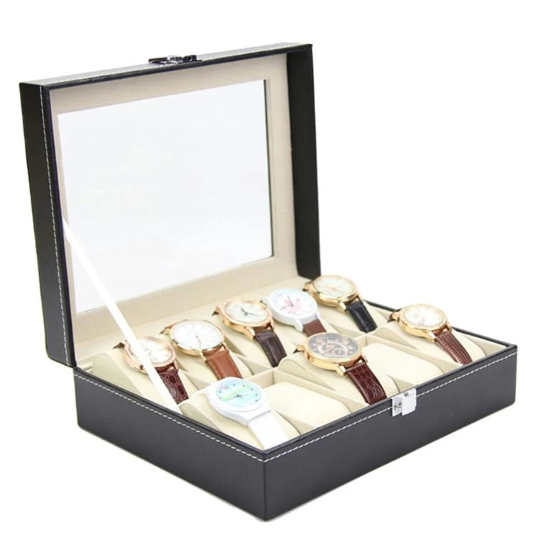 Watch Storage Box Leather Storage Box 10 Grids Watch Box PU Leather Watches Display Case Jewelry Holder Storage with Lock