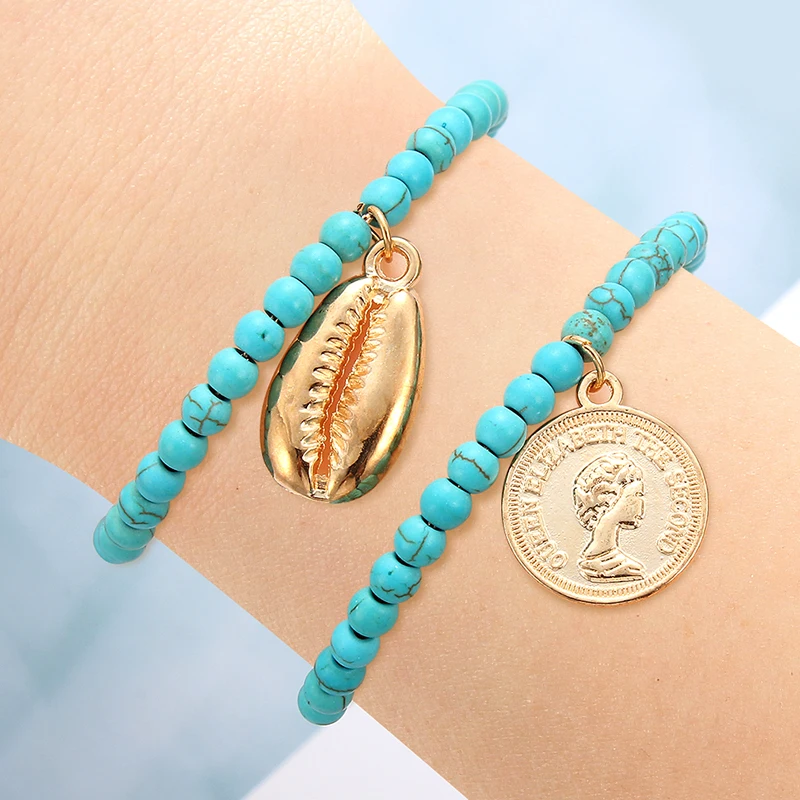 Бирюзовый кулон в виде ракушки браслет Модный CharmAluminum сплав Лава камень 4 мм синий бусины браслеты для женщин ювелирные изделия