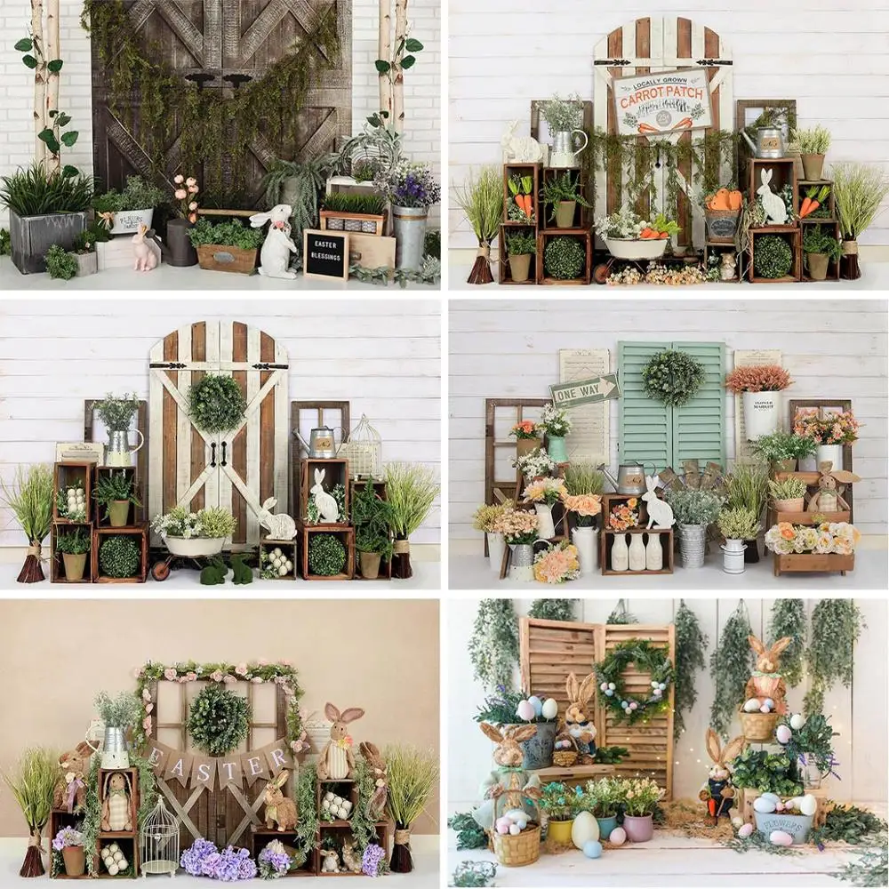 

Mocsicka Easter Photography Background Bunny Fresh Flowers Egg Wooden Backdrop Child Portrait Decoration Props For Photo Studio