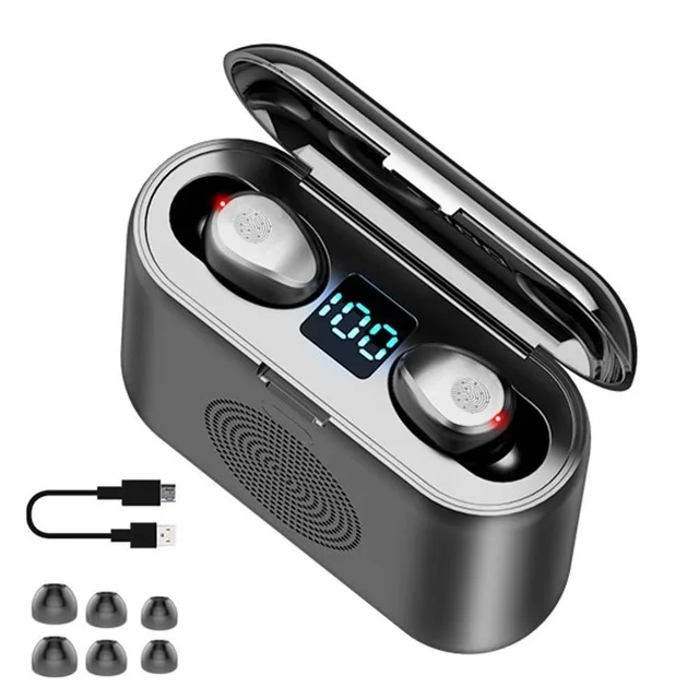 TWS Bluetooth колонки 2000 мАч Мощность Цифровой дисплей стерео беспроводные гарнитуры, Bluetooth наушники для iPhone Xiaomi - Цвет: Черный