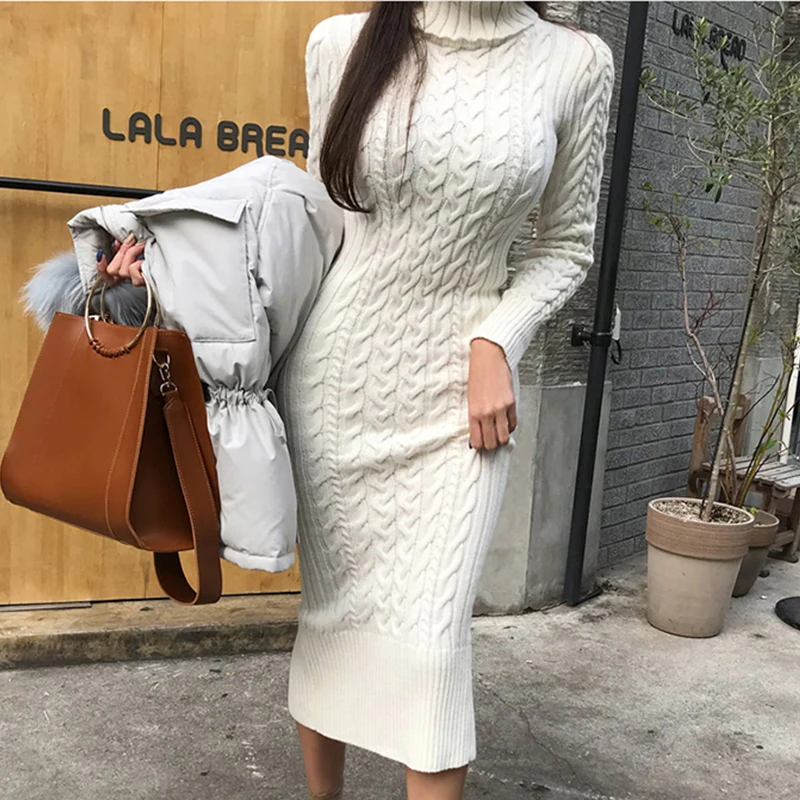 Beige Корейское зимнее женское трикотажное платье-карандаш осеннее розовое платье с длинными рукавами и высоким воротом до колена повседневные Белые Офисные платья - Цвет: Beige