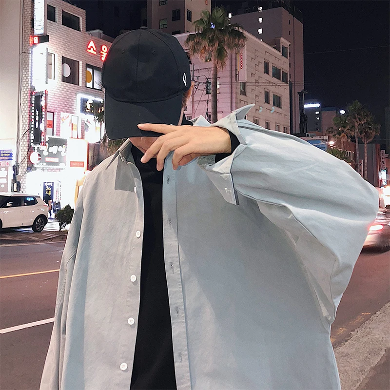 LAPPSTER Мужская Уличная однотонная кофточки оверсайз Мужская s Harajuku корейская мода рубашки с длинными рукавами Повседневная Осенняя черная рубашка - Цвет: Light Blue