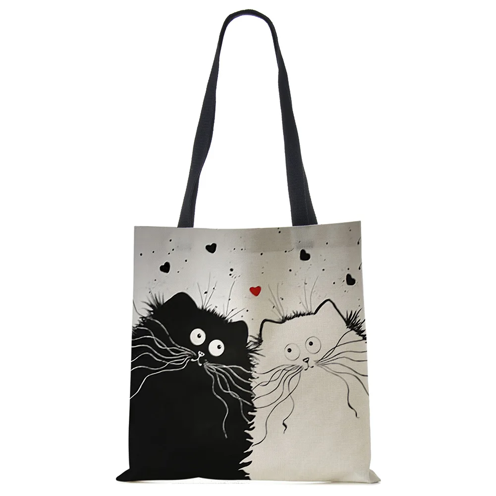 Customized Tote Shopping Bag Cute Cat Printing Women Handbag Linen Totes with Print Logo Casual Traveling Beach Bags