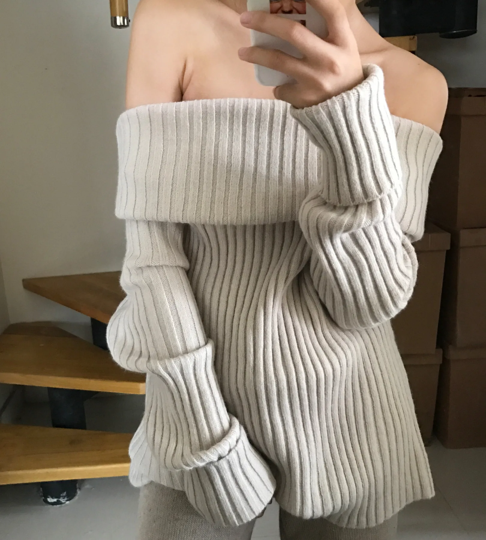 Бежевый Женские свитера и пуловеры Blusas De Inverno Feminina, новинка, женский свитер, свободный воротник, длинный рукав, вязаный, один размер - Цвет: Бежевый