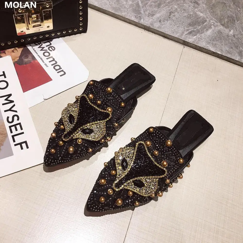 

MOLAN Brand Designers 2019 Autumn New Fashion Luxury Rhinestone Rivet Flat Slippers Slip On Loafers Mules Flip Flops Size 35-40
