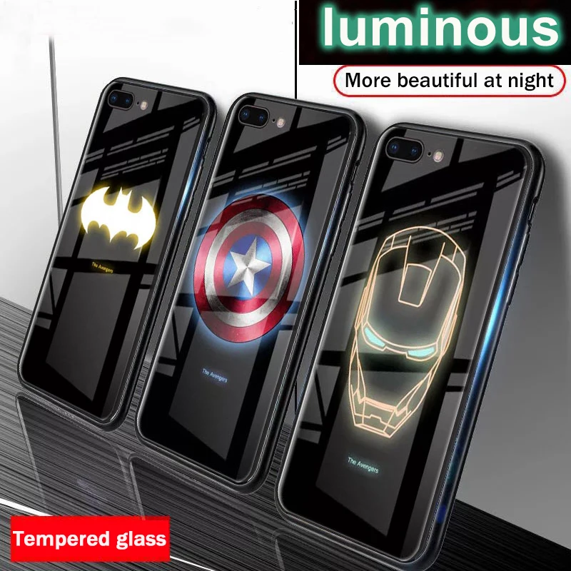 Avengers Luminous Tempered Glass Case for iPhone X XS MAX XR 10 6 6S 7 8 Plus 7Plus 8Plus 11 PRO Coque Batman Phone Cover |