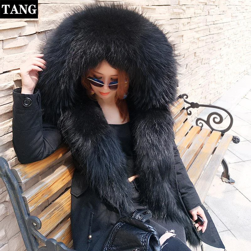 Зимние женские пальто с воротником из меха енота средняя длинная одежда